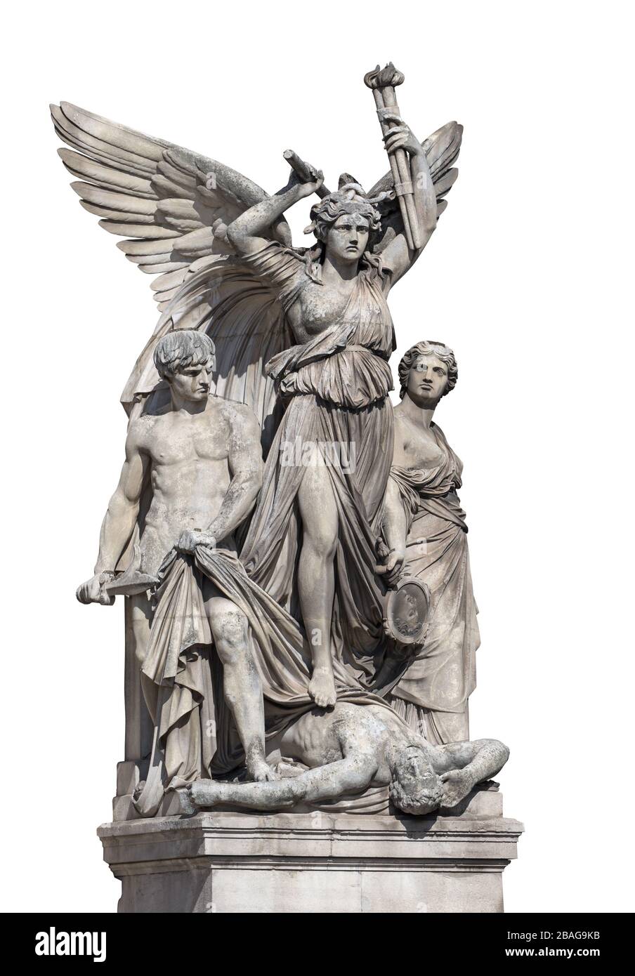 Groupe sculptural "drame lyrique" de Jean-Joseph Perraud sur la façade du Palais Garnier à Paris, France. Isolé sur blanc Banque D'Images