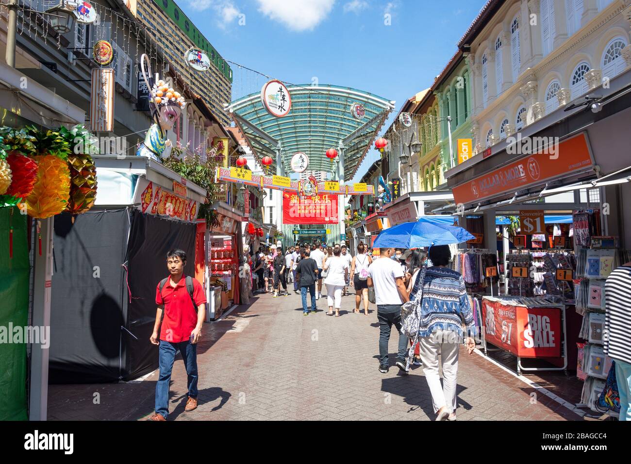 Boutiques et restaurants de souvenirs chinois, Pagoda Street, quartier central, Chinatown, République de Singapour Banque D'Images