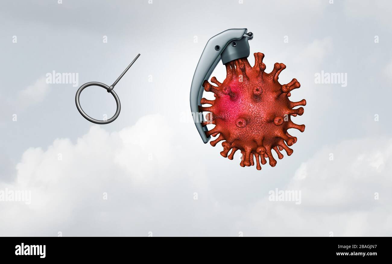 La bombe à coronavirus et le virus covid-19 risquent d'exploser en cas de pandémie comme une menace médicale et un pathogène dangereux de la maladie se sont déchirés comme une grenade à main. Banque D'Images