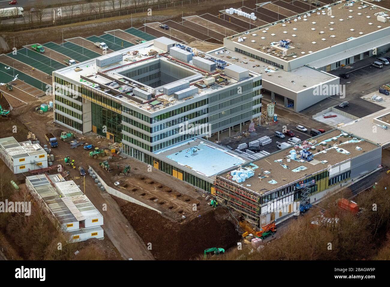 Nouveau bâtiment du siège social d'Enervie sur l'île d'Hassleyer à Hagen, 29.01.2014, vue aérienne, Allemagne, Rhénanie-du-Nord-Westphalie, Ruhr Area, Hagen Banque D'Images