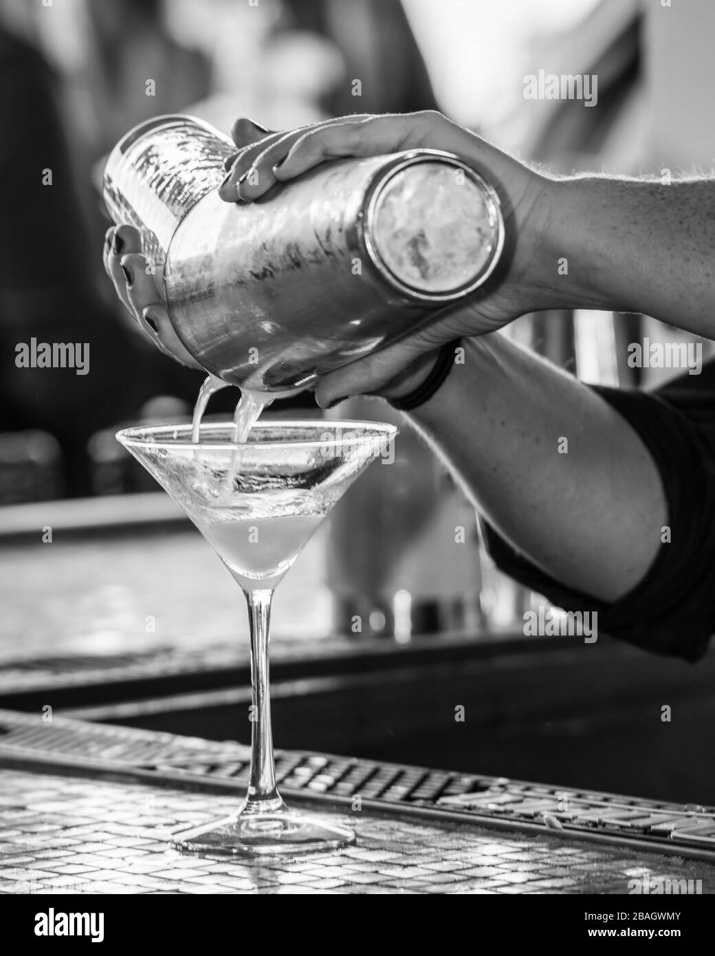 Gros plan de barman faisant un martini en noir et blanc Banque D'Images