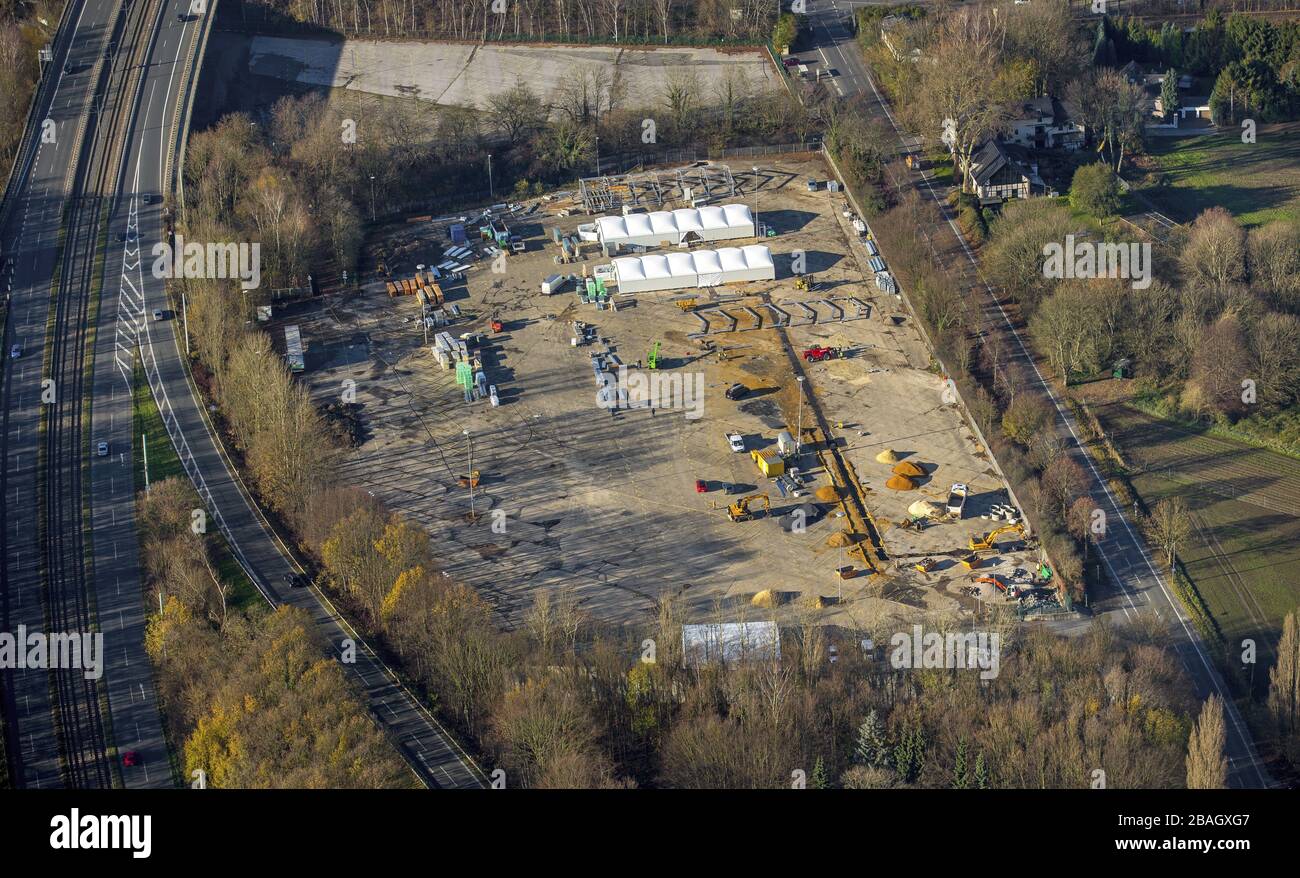 Chantier de construction du nouveau bâtiment des bâtiments d'hébergement Asylum, Tent City for Refuenes in légère construction sur l'ancien parking de Bochum, 23.11.2015, vue aérienne, Allemagne, Rhénanie-du-Nord-Westphalie, Ruhr Area, Bochum Banque D'Images