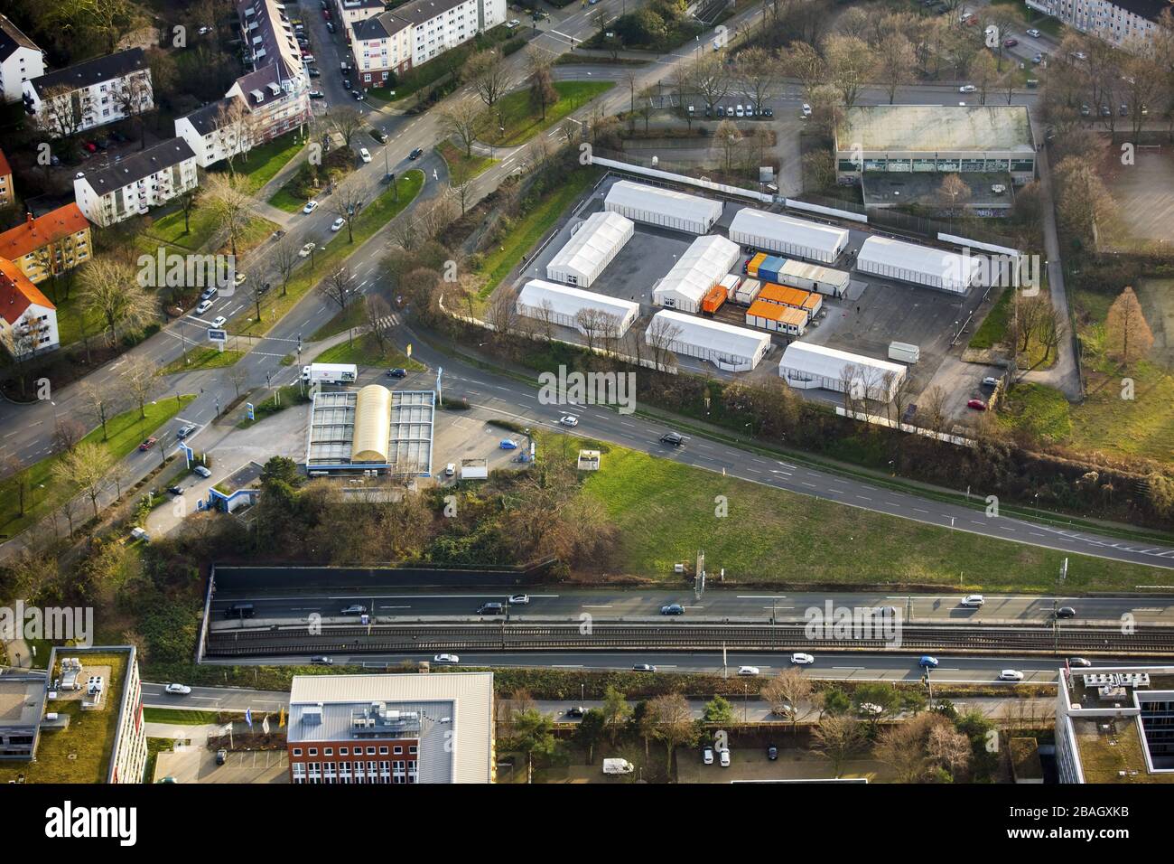 , bâtiments réfugiés à Planckstrasse à Essen, 29.12.2015, vue aérienne, Allemagne, Rhénanie-du-Nord-Westphalie, région de la Ruhr, Essen Banque D'Images