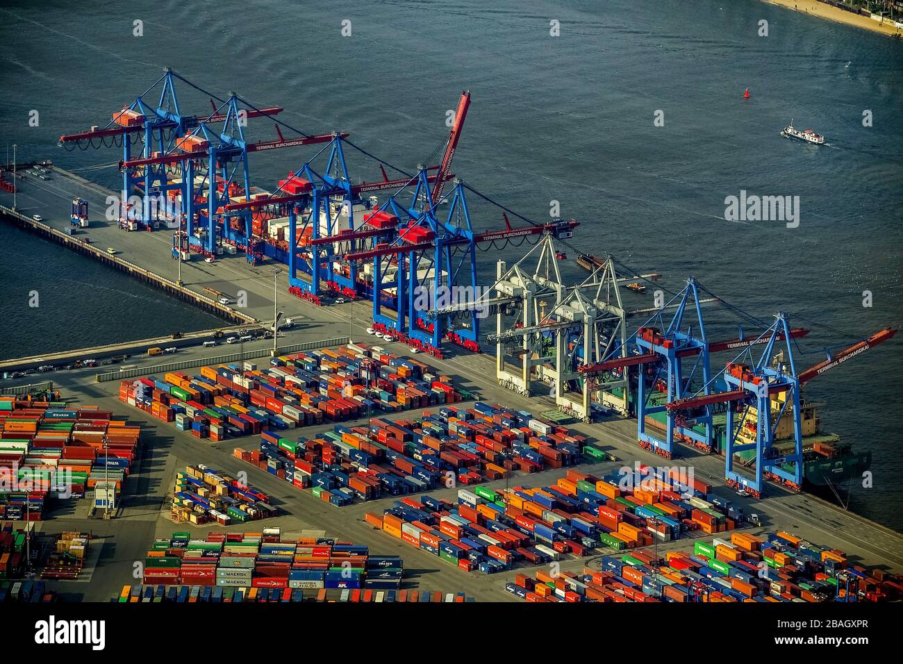 Conteneur au terminal de conteneurs HHLA de Berth, Tollerort et Walter Hofer Euro Gate Container terminal dans le port de Hambourg, 30.10.2013 , vue aérienne, Allemagne, Hambourg Banque D'Images