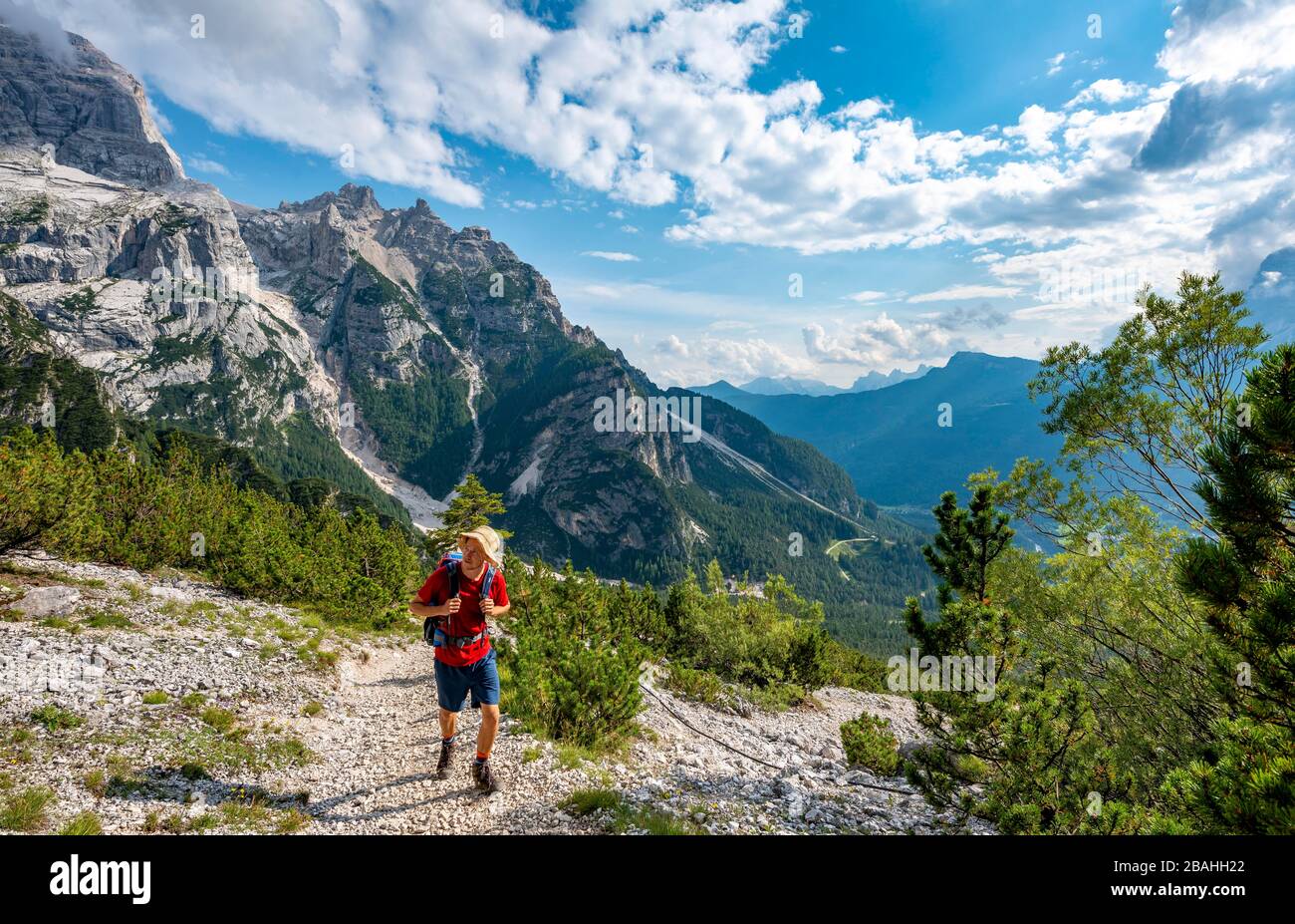 Randonneurs sur l'ascension vers le Rifugio San Marco, derrière Cima Scooter , San Vito di Cadore, Belluno, Italie Banque D'Images