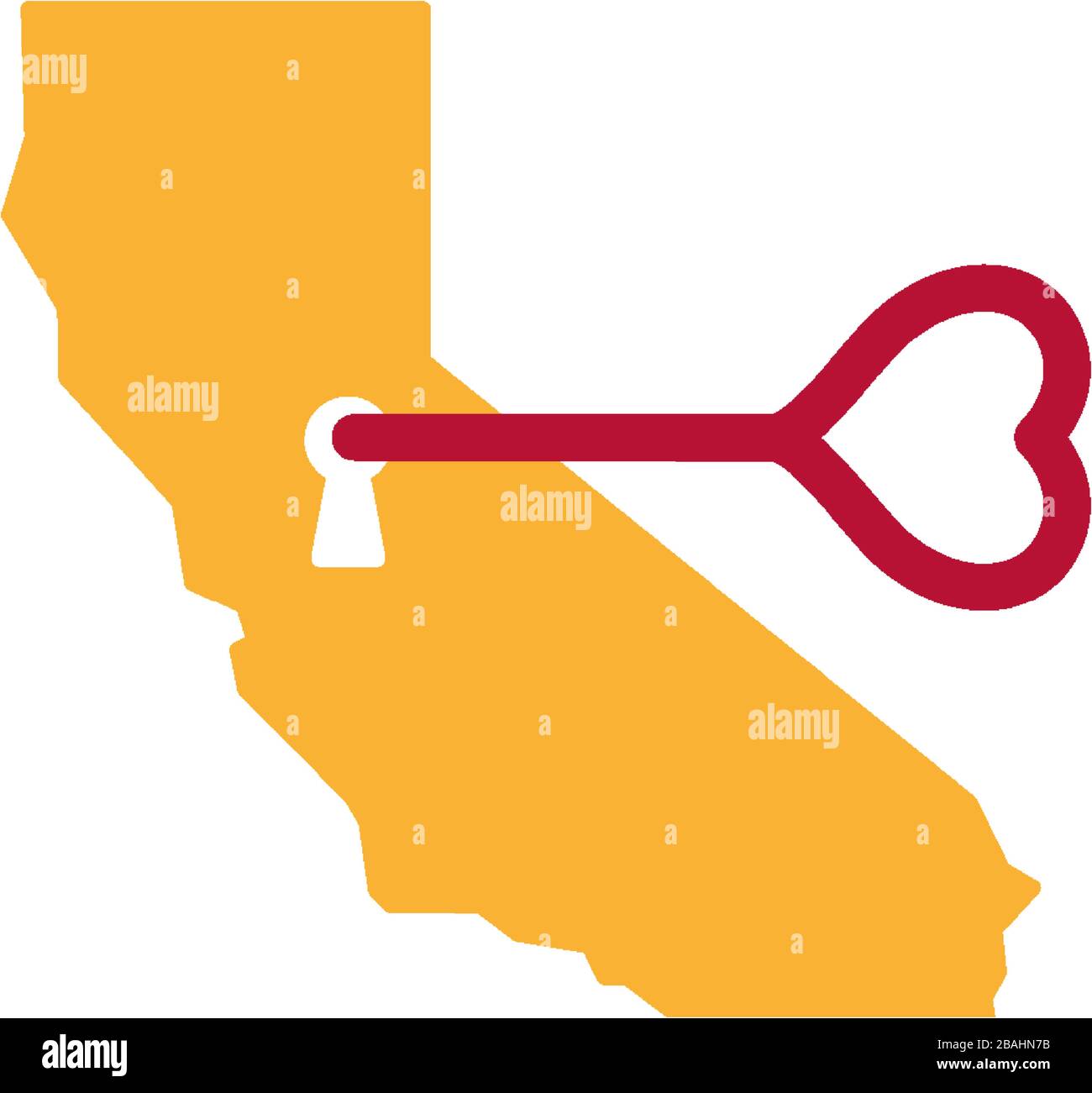 Icône de vecteur immobilier de Californie. L'état d'or et la clé rouge vintage dans le trou de serrure. Idée de marque, emblème de carte de visite. Illustration de Vecteur