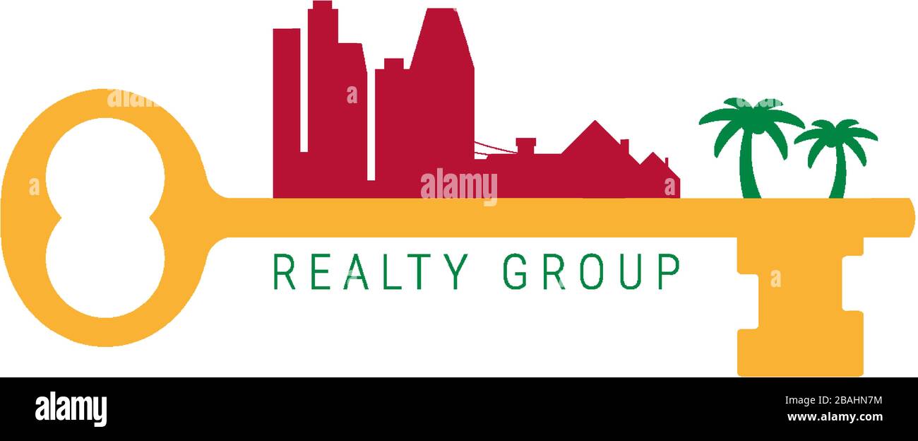 Icône de vecteur immobilier de Californie. Clé dorée, gratte-ciel, palmiers. Idée de marque, emblème de carte de visite. Illustration de Vecteur