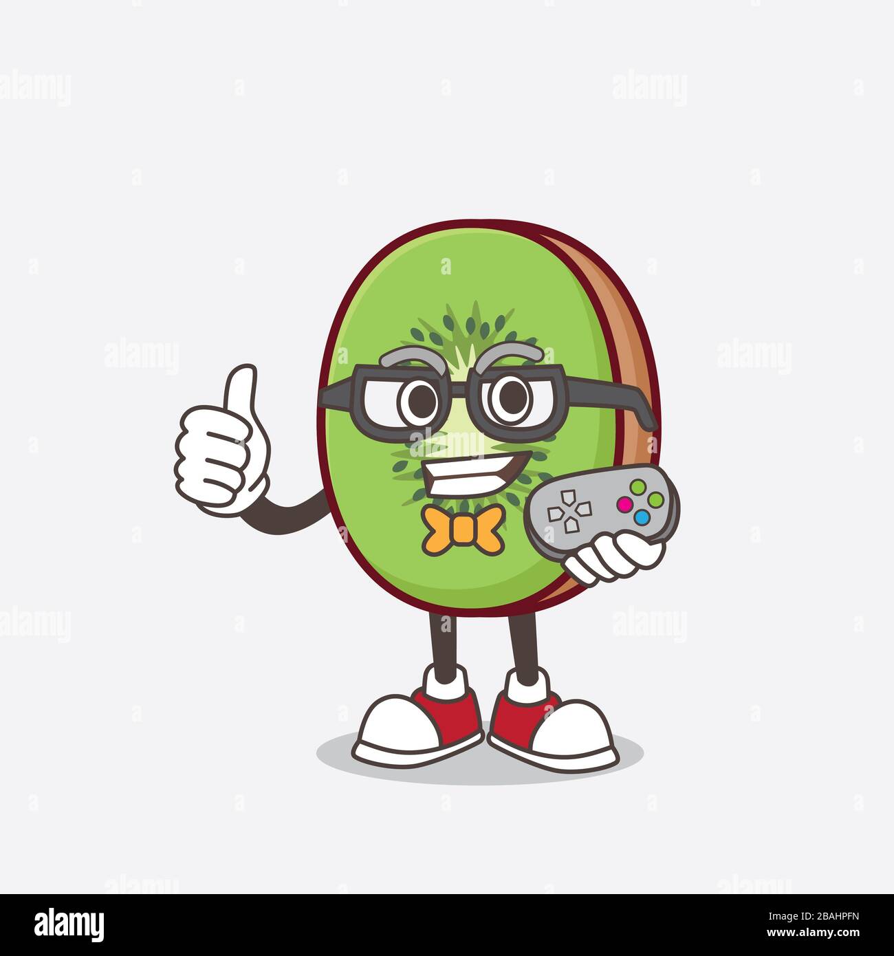 Une photo du personnage de mascotte aux fruits de Kiwi comme gamer attrayant Banque D'Images
