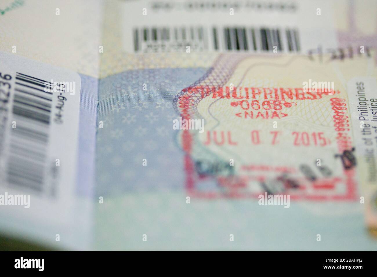 Cachet dans le passeport indiquant l'arrivée aux Philippines. Banque D'Images