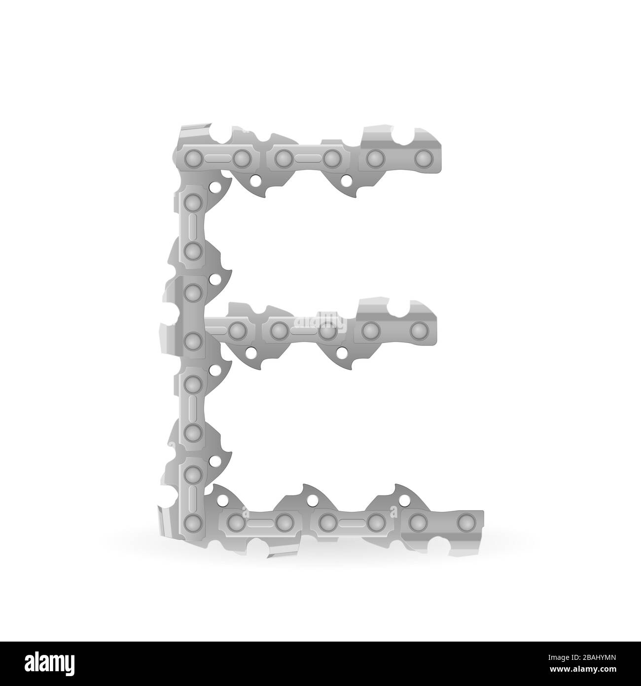 Chaîne de tronçonneuse lettre E sur fond blanc. Illustration vectorielle. Banque D'Images