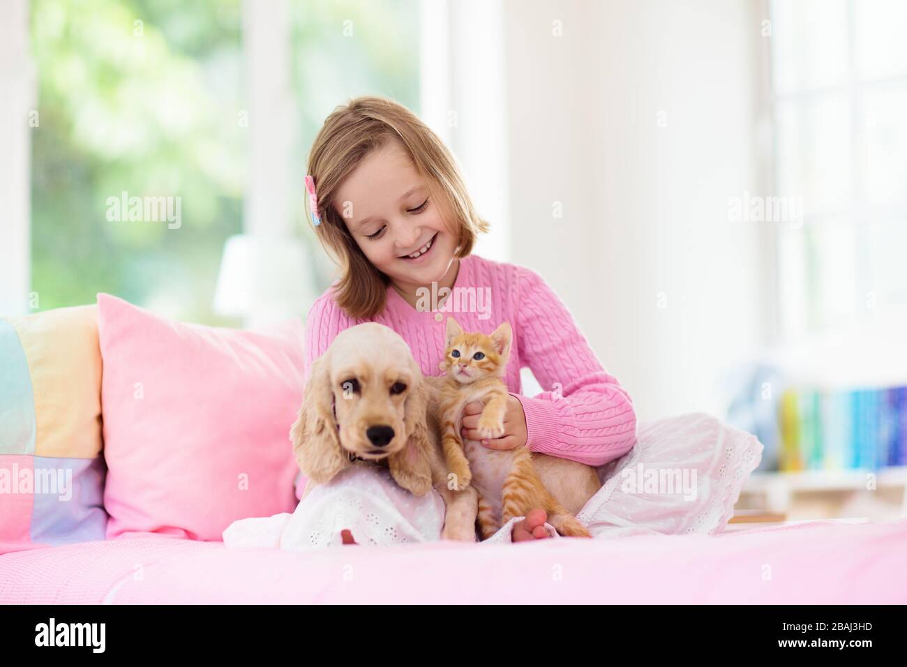 Enfant Jouant Avec Bebe Chien Et Chat Les Enfants Jouent Avec Le Chiot Et Le Chaton Une Petite Fille Et Un Epagneul Americain De Cocker Sur Le Lit A La Maison Enfants