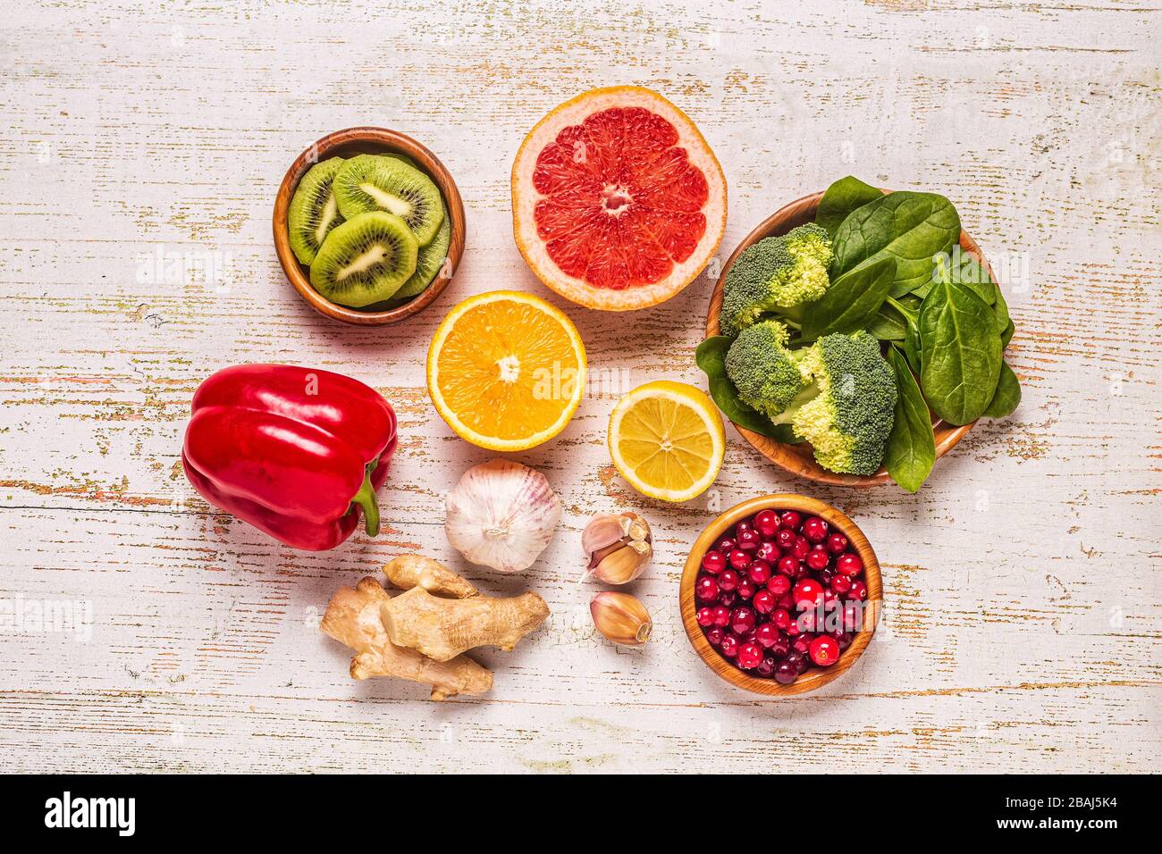 Aliments qui stimulent le système immunitaire, vue de dessus. Banque D'Images