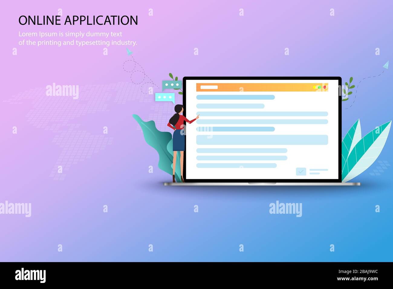 Concept d'application en ligne, la jeune femme applique sur Internet en utilisant un ordinateur portable pour trouver un cours à appliquer à l'université et ou à la demande d'emploi Illustration de Vecteur
