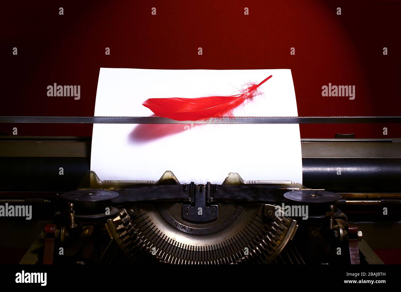 Machine à écrire vintage avec plumes d'oiseaux. Concept de genre de fiction légère Banque D'Images