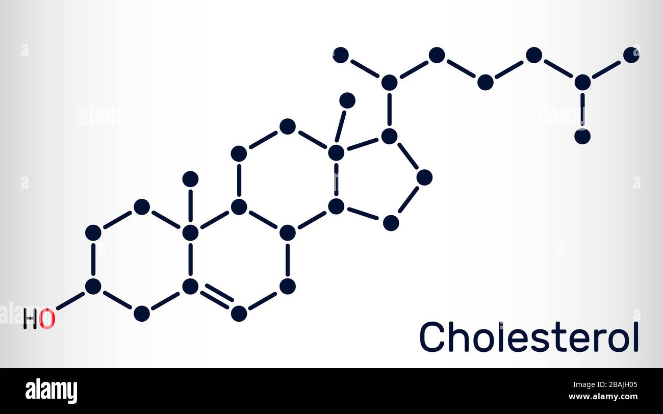 Molécule de cholestérol. C'est un stérol, stéroïde modifié, un type de lipide, trouvé dans les membranes cellulaires de tous les tissus du corps. Formule chimique structurelle. Illustration de Vecteur