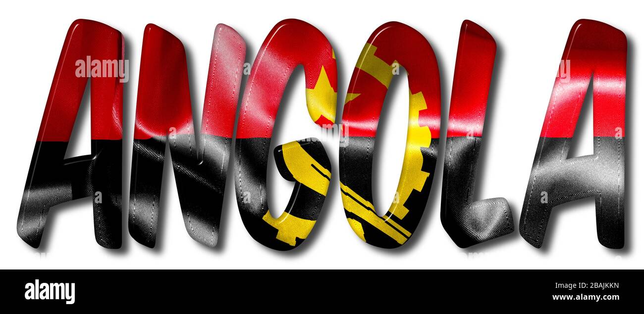 Angola mot avec une texture de drapeau sur un fond blanc isolé Banque D'Images