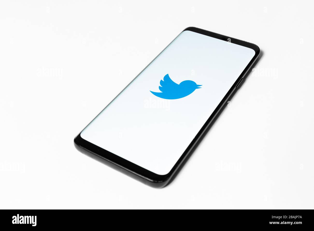 Funchal, Portugal - Mars 2020: Application populaire des médias sociaux, Twitter, sur un smartphone moderne avec un fond blanc Banque D'Images
