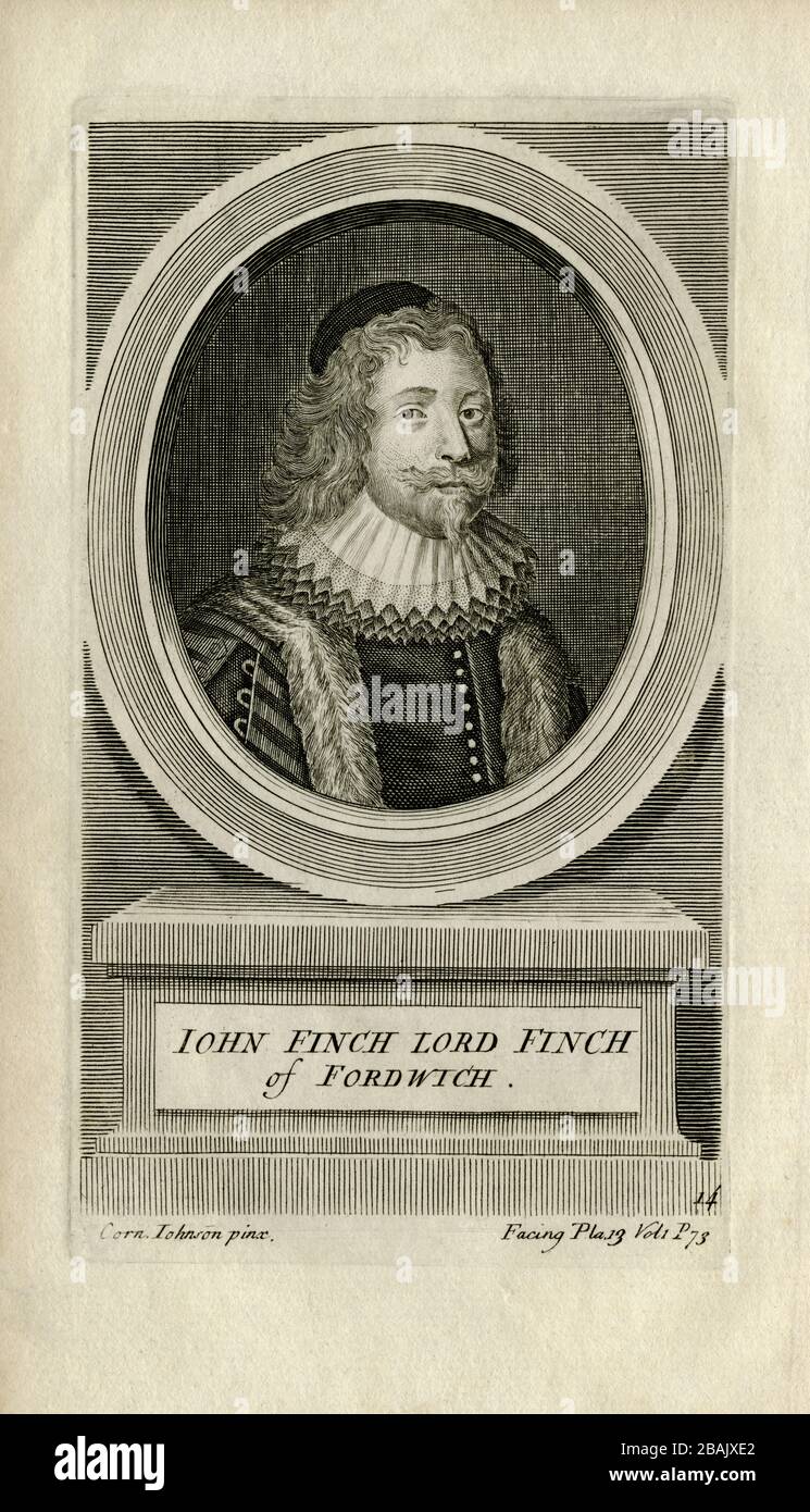 John Finch (1584-1660), Lord Finch de Fordwich, Président Royaliste de la Chambre des communes avant la guerre civile anglaise. En 1637, en tant que juge en chef de la Cour des recours communs, Finch a présidé le procès du député John Hampden, un parlementaire et opposant du roi, pour avoir omis de payer une taxe déférée, «l'argent de la hanche». Gravure créée en 1700s par George Vertue (1683-1756), après un portrait de Cornelius Johnson (1593-1661). Banque D'Images