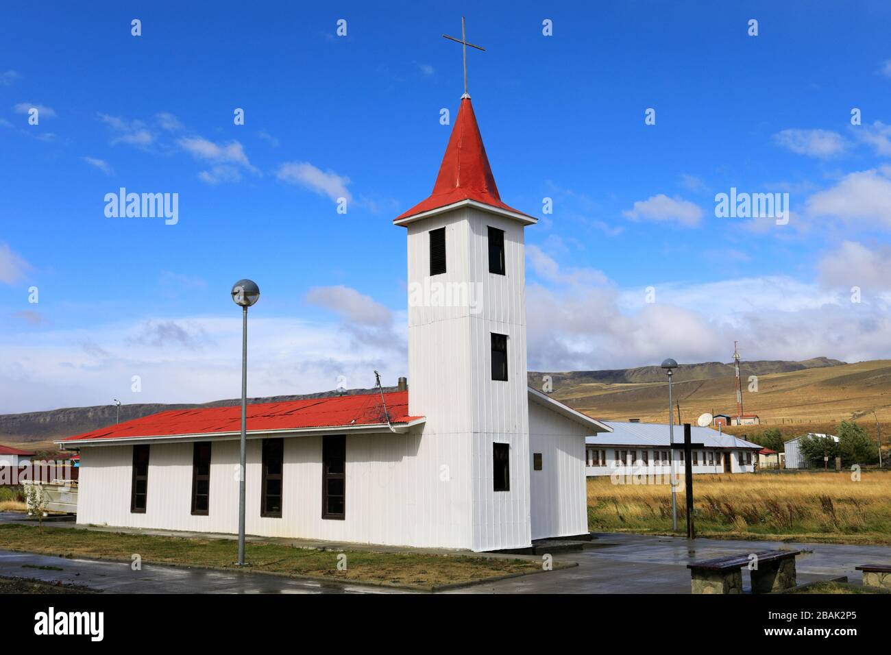 L'Église de Cerro Castillo, région de Magallanes, Patagonie, Chili, Amérique du Sud Banque D'Images