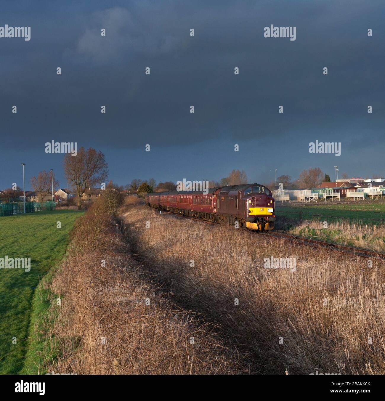 La locomotive 37 37516 des chemins de fer de la côte ouest sur la branche Heysham à une seule ligne avec un train charters de la société de succursales Banque D'Images