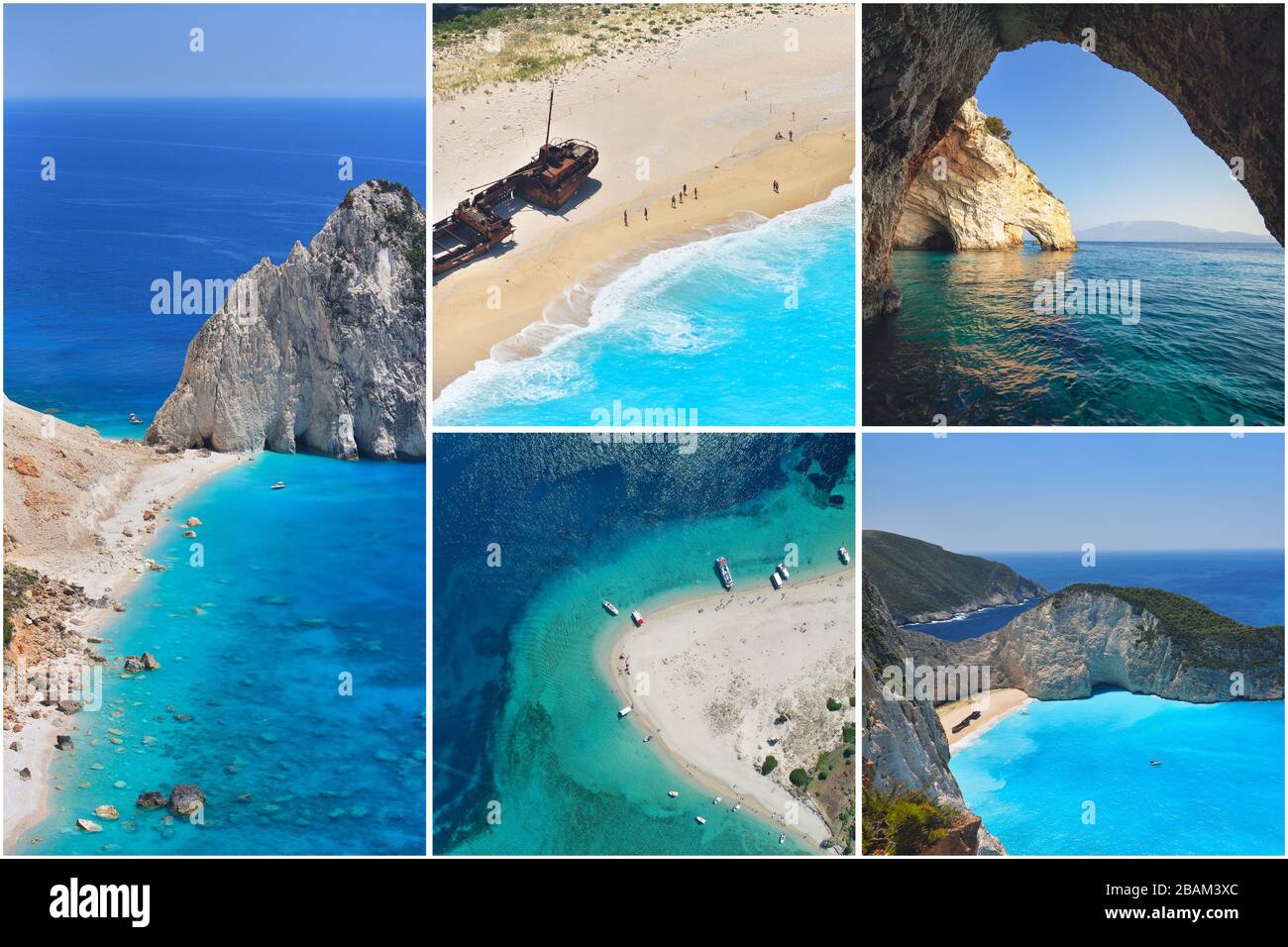 Collage photo Grèce. Îles grecques. Zakynthos, Marathonisi, Blue Caves, Navagio Beach. Concept de voyage Banque D'Images