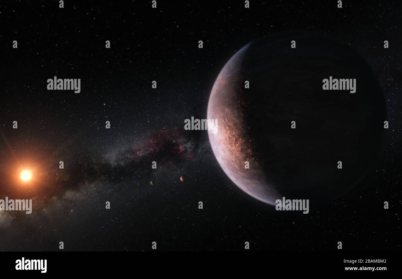 'English: L'impression de cet artiste montre plusieurs des planètes en orbite autour de L'étoile naine rouge ultra-cool TRAPPIST-1. De nouvelles observations, lorsqu'elles sont combinées à des analyses très sophistiquées, ont maintenant donné de bonnes estimations des densités des sept planètes de la taille de la Terre et suggèrent qu'elles sont riches en matières volatiles, probablement en eau.; 5 février 2018, 17:00:00; https://www.eso.org/public/images/eso1805a/; ESO/M. Kornmesser ; ' Banque D'Images