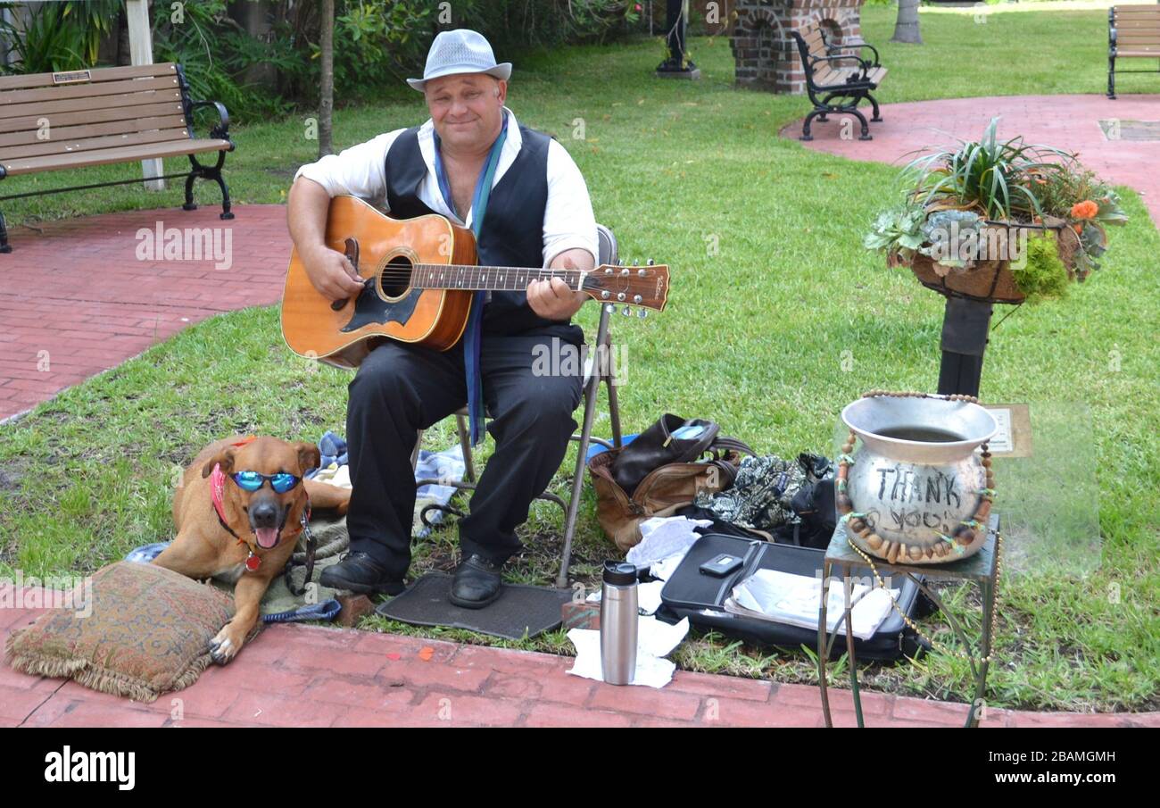 Musicien de rue et son chien bluesy Banque D'Images