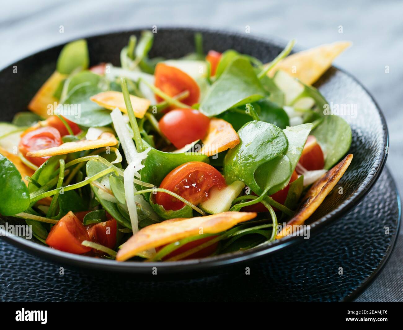 Salade de purée d'hiver avec courgettes, tomates, oignons et tortillas grillés. Banque D'Images