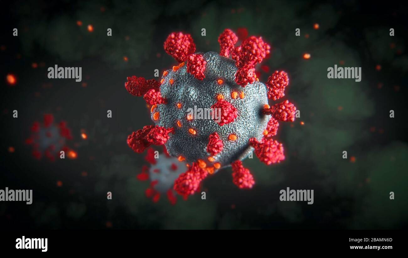 Coronavirus COVID-2019 concept nouveau de coronavirus. Vue microscopique des cellules flottantes du virus de l'influenza. Dangereux virus ncov corona. Banque D'Images