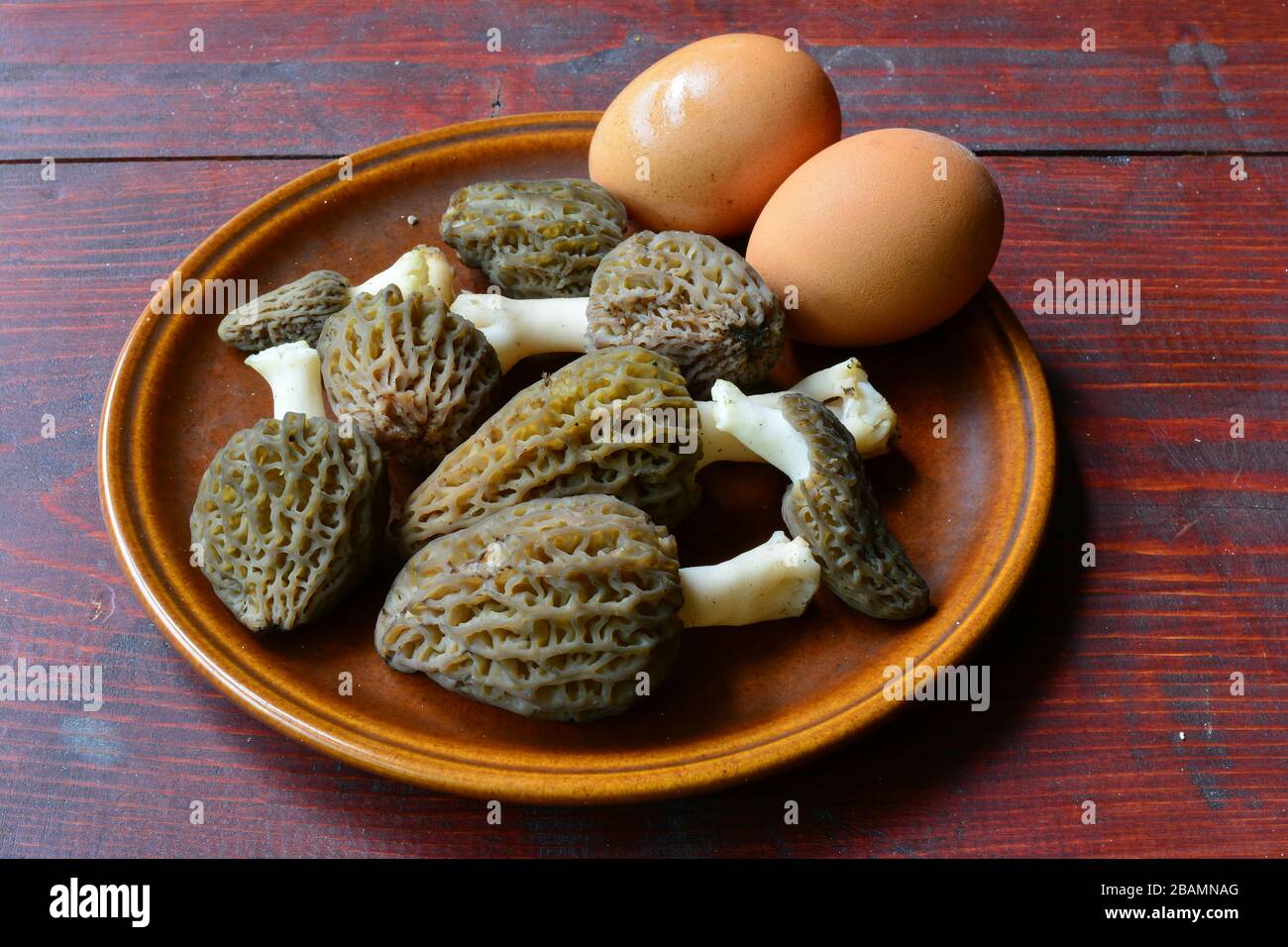 Les ingrédients du petit-déjeuner de Forester, huit morels noirs et des œufs en céramique rustique brune sur une table en acajou Banque D'Images