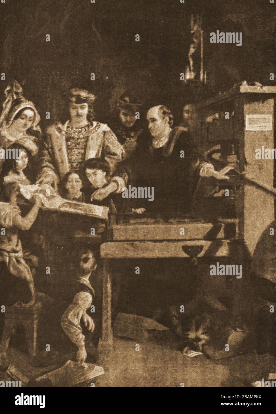 Illustration des années 1930 de William Caxton montrant sa presse d'imprimerie à Westminster Abbey, Londres, Royaume-Uni au roi Edward IV et sa reine en 1477 Banque D'Images