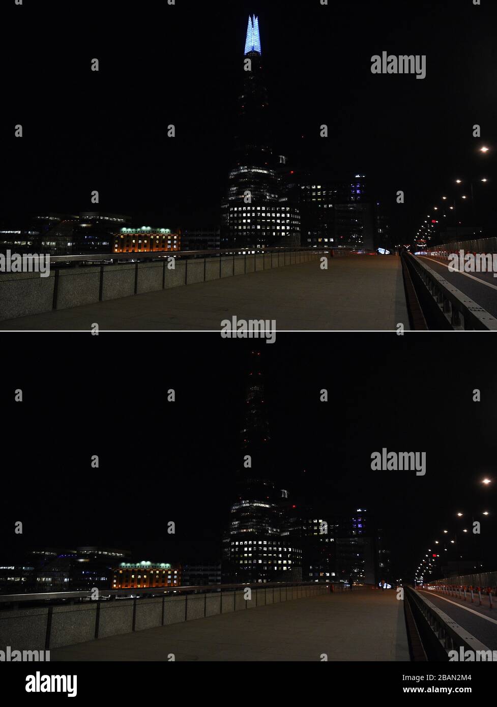 Image composite du Shard à Londres, avant et pendant l'heure de la Terre. Des bâtiments et des structures célèbres ont fait sombre entre 20h30 et 21h30, dans le cadre de l'événement international organisé par le WWF pour encourager l'action pour sauver la planète. Banque D'Images