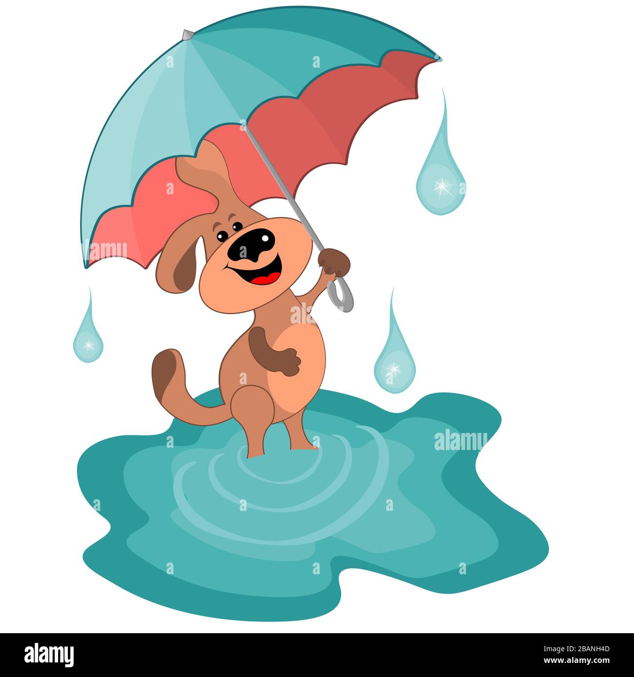 Illustration vectorielle sur un fond blanc - un chien joyeux avec un  parapluie une marche dans des flaques. Été, chaleur, bonheur, santé,  printemps, gouttes, pluie. Solitude, distance, sécurité, épidémie,  pandémie, danger Image