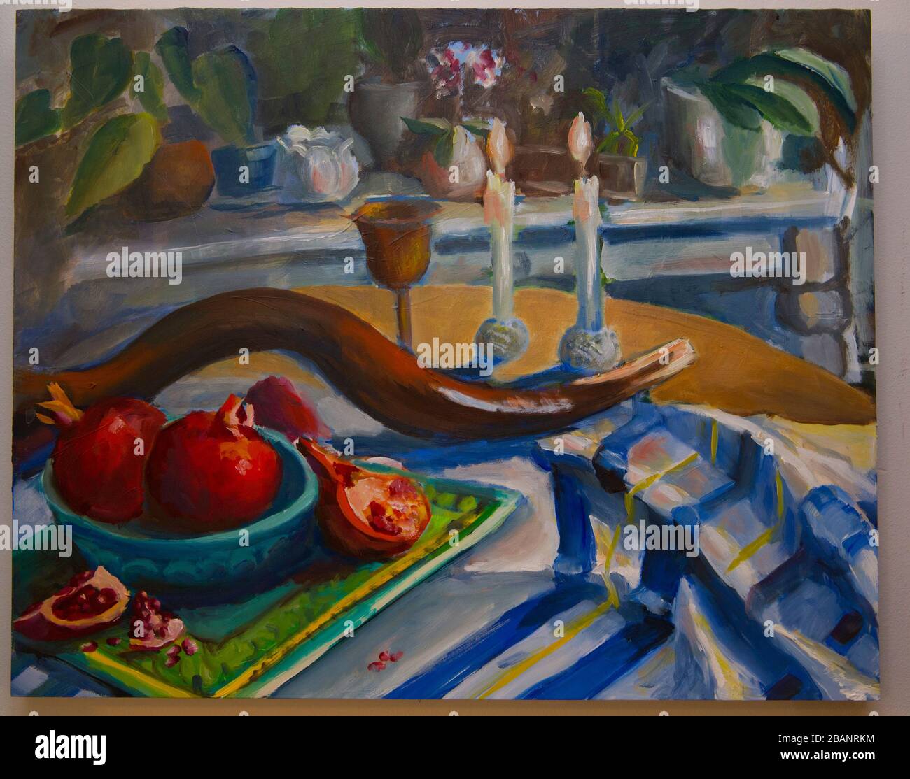 Toujours la vie de shofar avec des grenades pour Rosh Hashanah, une huile de peinture originale sur panneau Banque D'Images