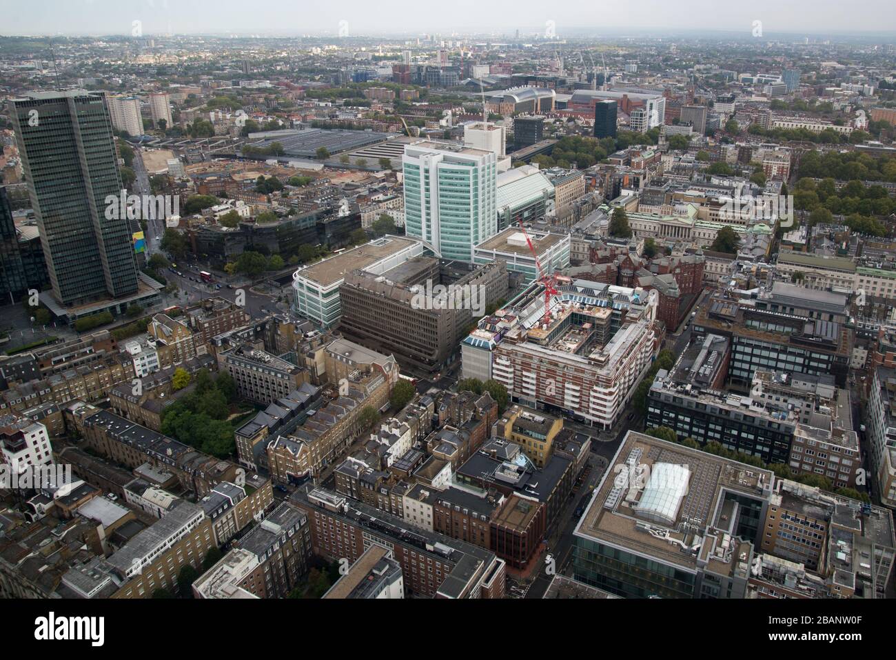 Vue aérienne de l'unité Centrale Habitacle de Londres depuis la BT Tower, 60 Cleveland St, Fitzrovia, Londres W1T 4 JZ Banque D'Images