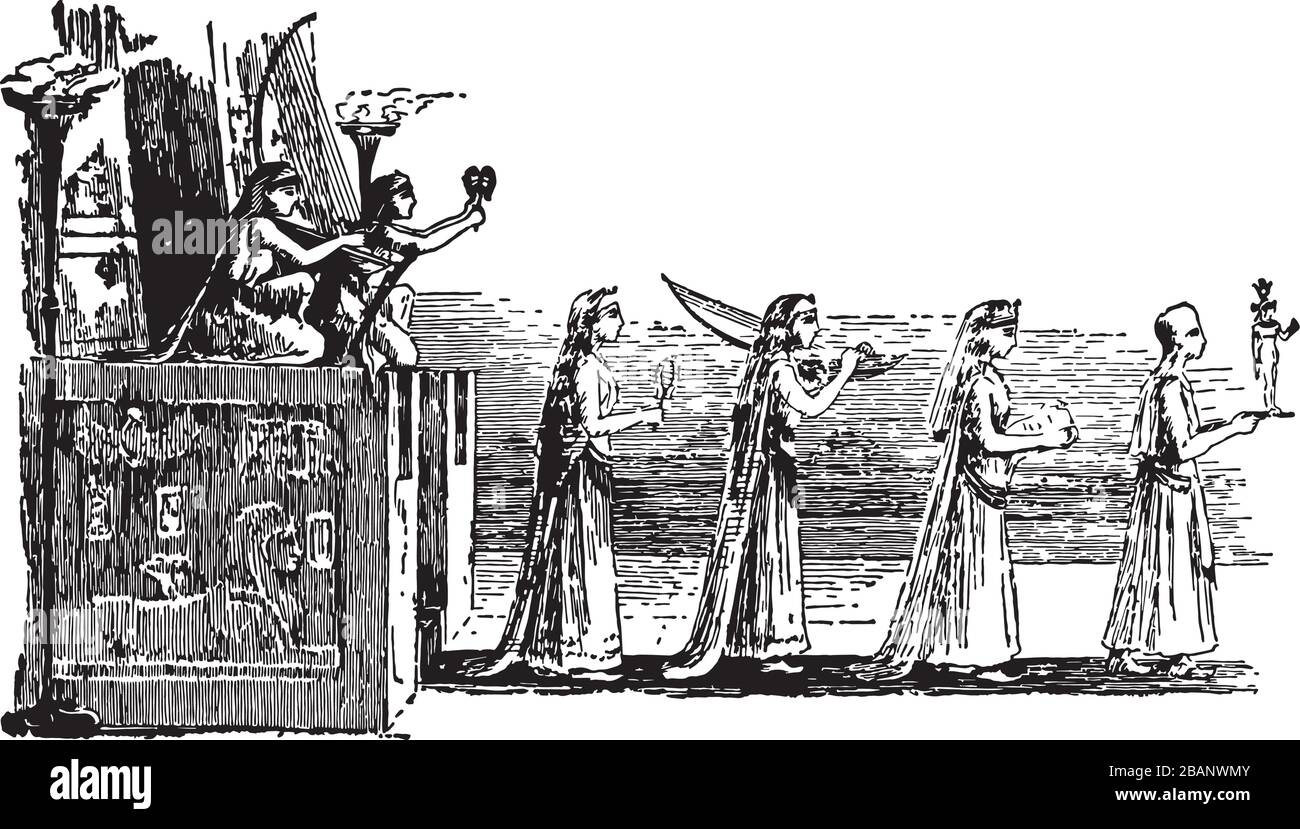 Procession égyptienne, dessin d'art vintage gravé en trait noir et blanc Illustration Illustration de Vecteur