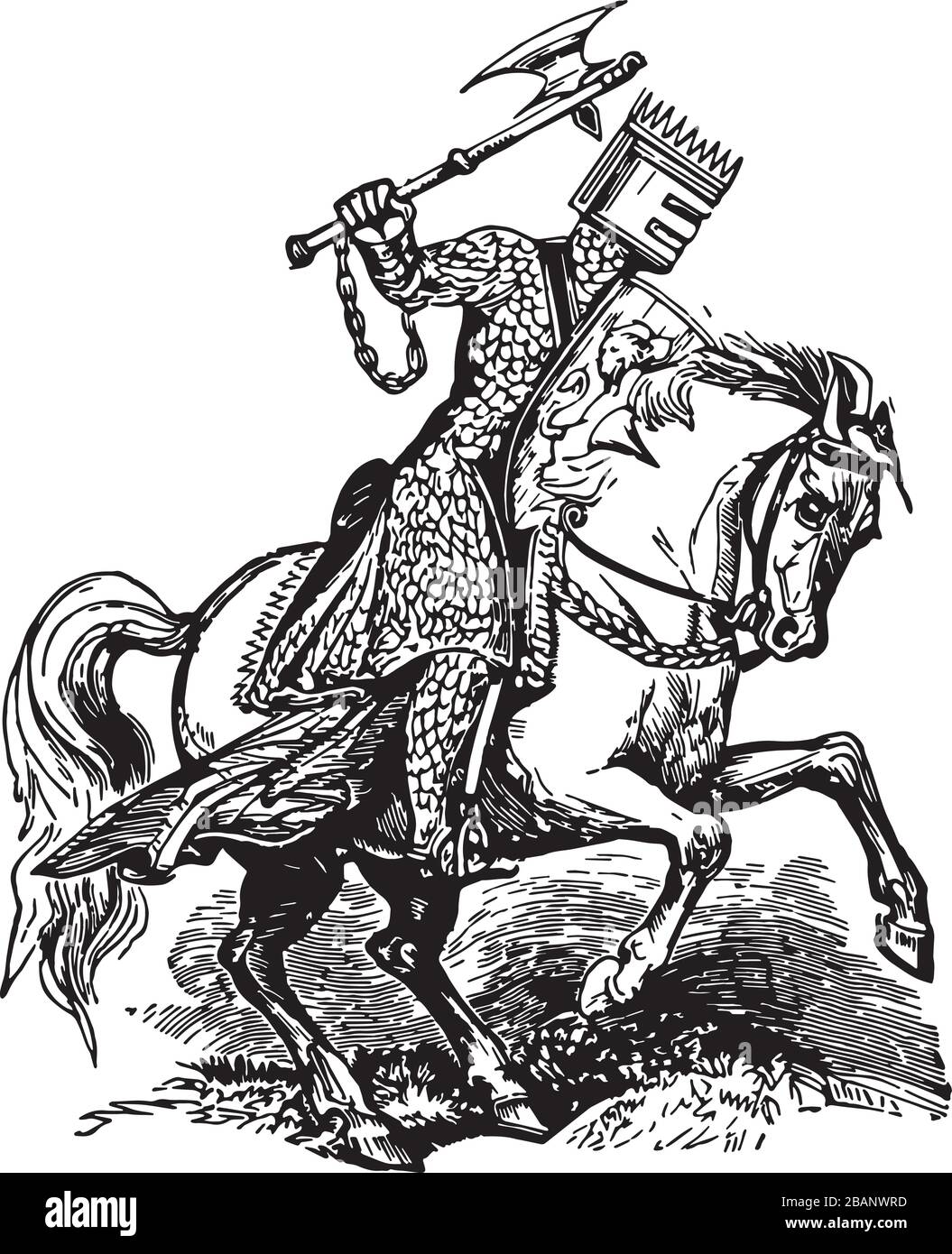 Chevalier à cheval avec hache de bataille, vintage gravé ligne art dessin noir et blanc Illustration Illustration de Vecteur