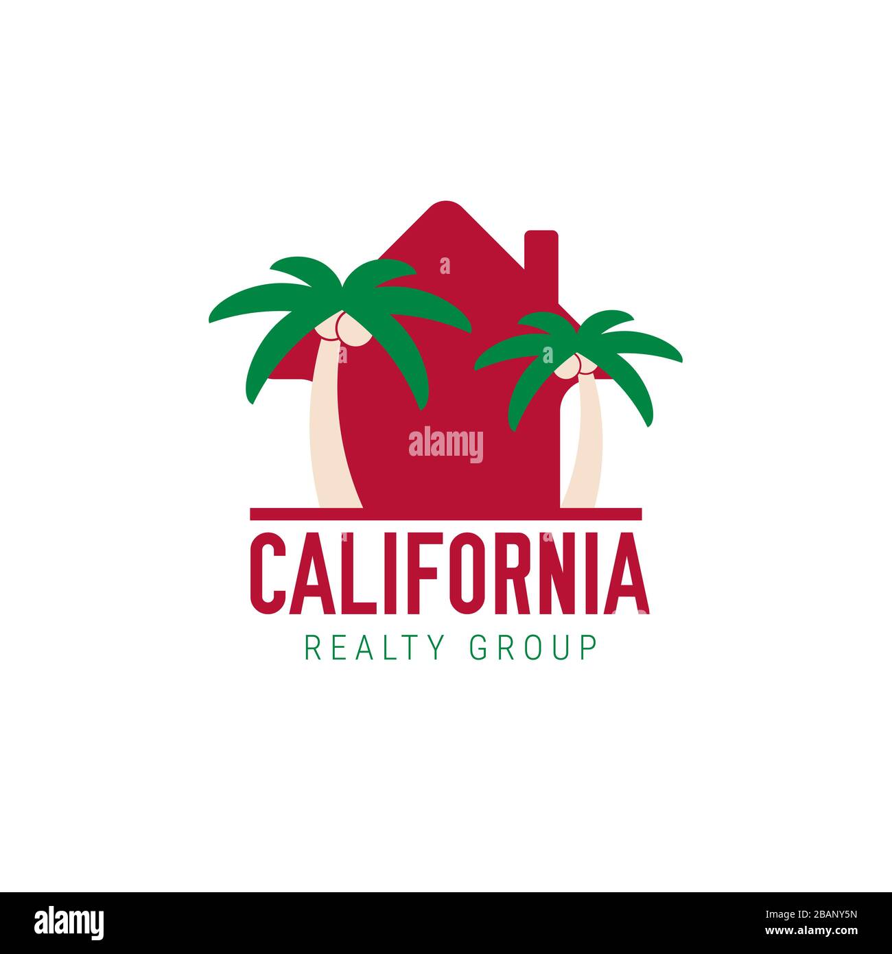 Icône de l'immobilier californien. Symbole maison et deux palmiers. Idée de marque, emblème de carte de visite. Banque D'Images