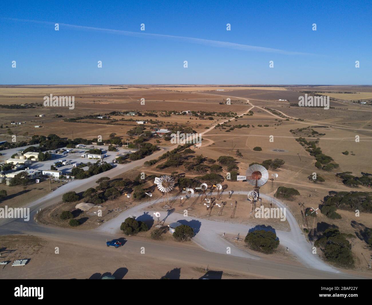 Antenne de l'attraction Windmill Park située sur la côte ouest de Penong, Australie méridionale. Banque D'Images