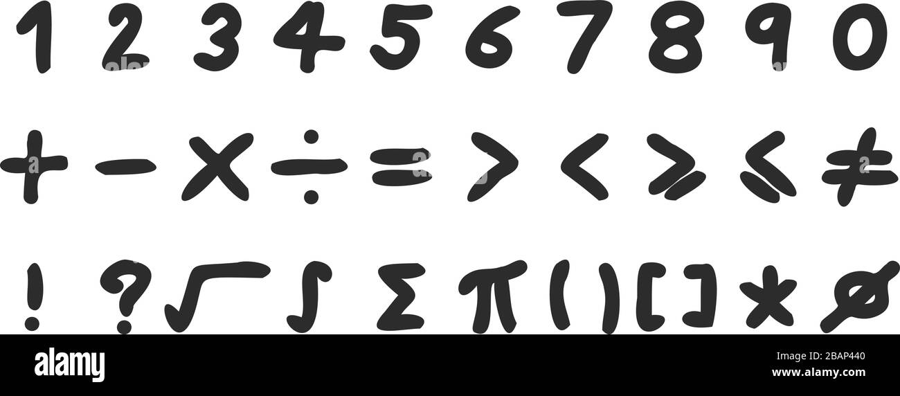 Couleur noire Dessin à la main de la lettre numérique et du symbole mathématitique sur fond blanc Illustration de Vecteur