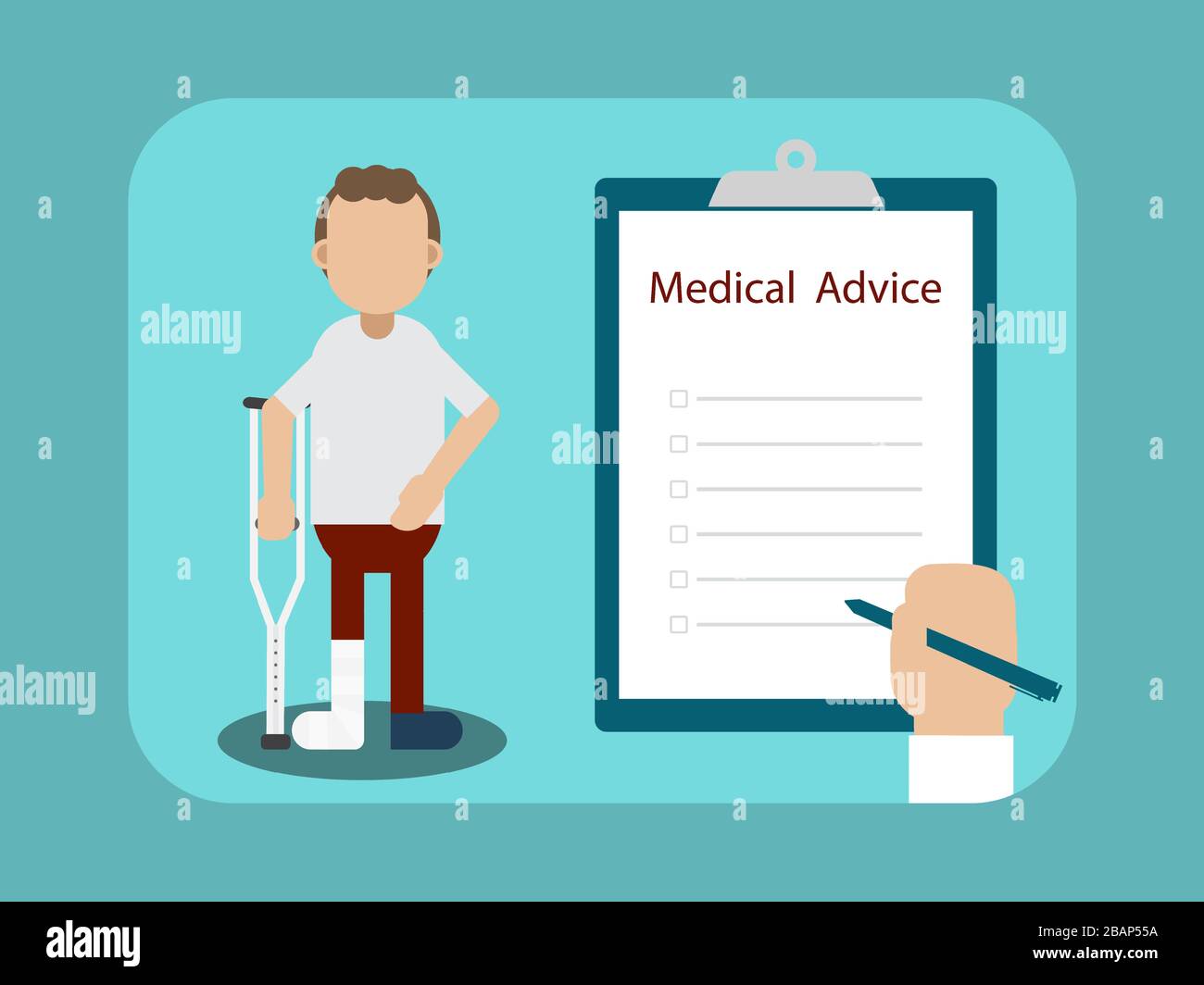 Conseils médicaux pour un patient blessé avec main sur l'illustration vectorielle de liste de contrôle vierge Illustration de Vecteur