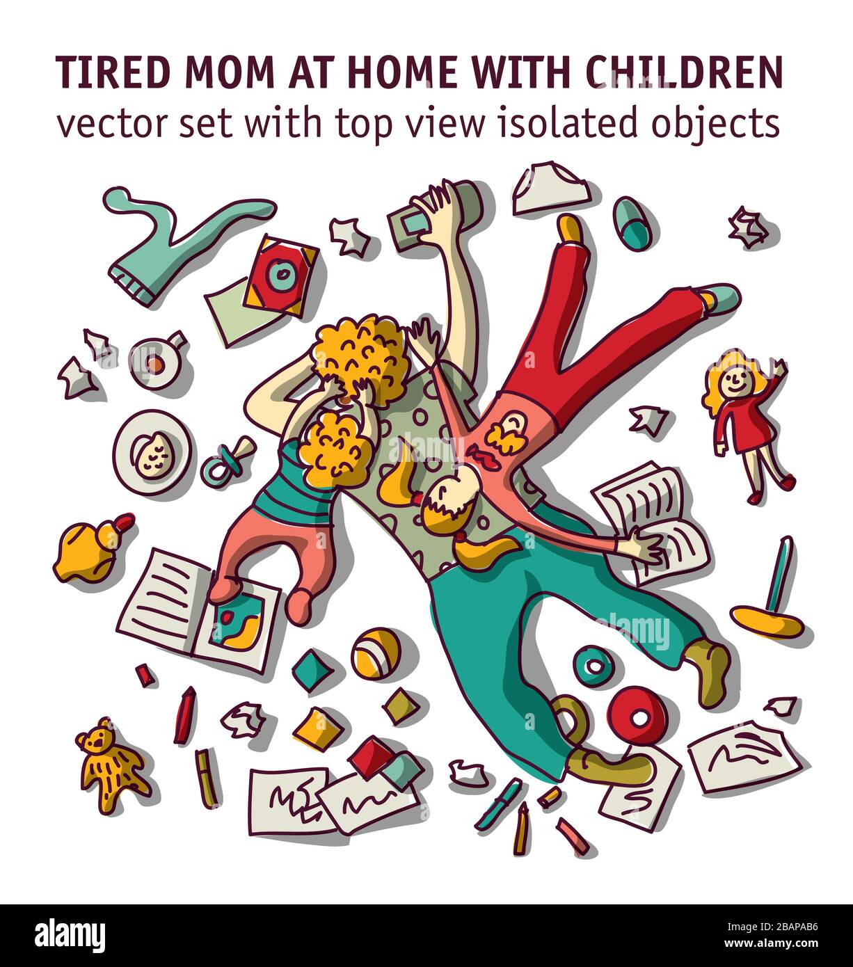 Maison de maman fatiguée avec enfants des objets isolés ensemble Illustration de Vecteur