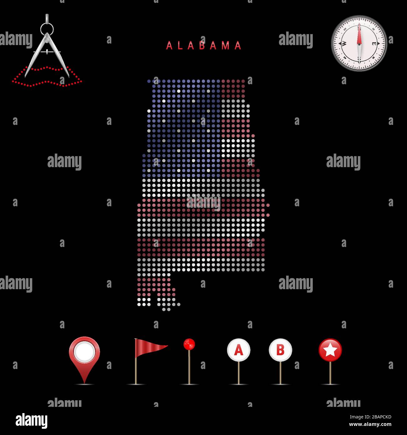 Carte pointillée de l'Alabama peinte dans les couleurs du drapeau national des États-Unis. Effet de drapeau de spéléologie. Outils de carte, ensemble d'icônes cartographiques. Vecto Illustration de Vecteur