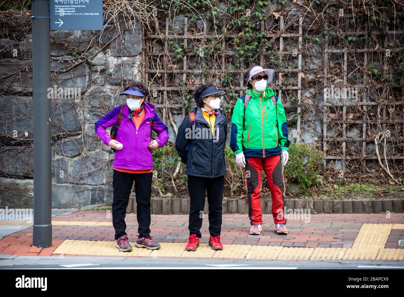 Les femmes portant des masques de protection traversant une route pendant la randonnée, pendant la pandémie de Coronavirus, Séoul, Corée du Sud Banque D'Images