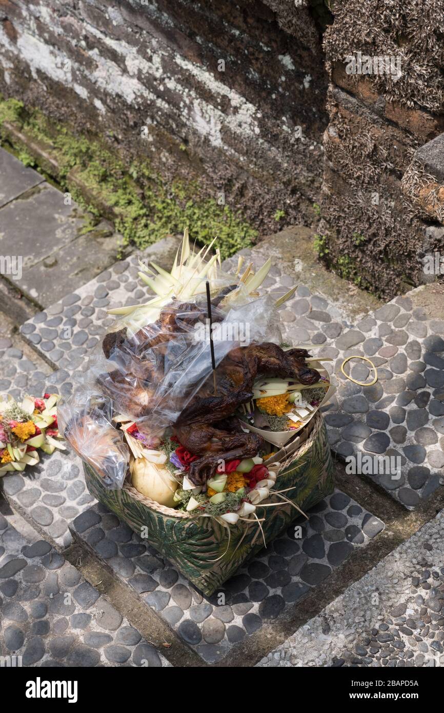 Panier tissé à la main contenant de la grenouille cuite, du grenier à fleurs, du riz et de l'encens sur l'ancienne étape du temple hindou en pierre. Banque D'Images