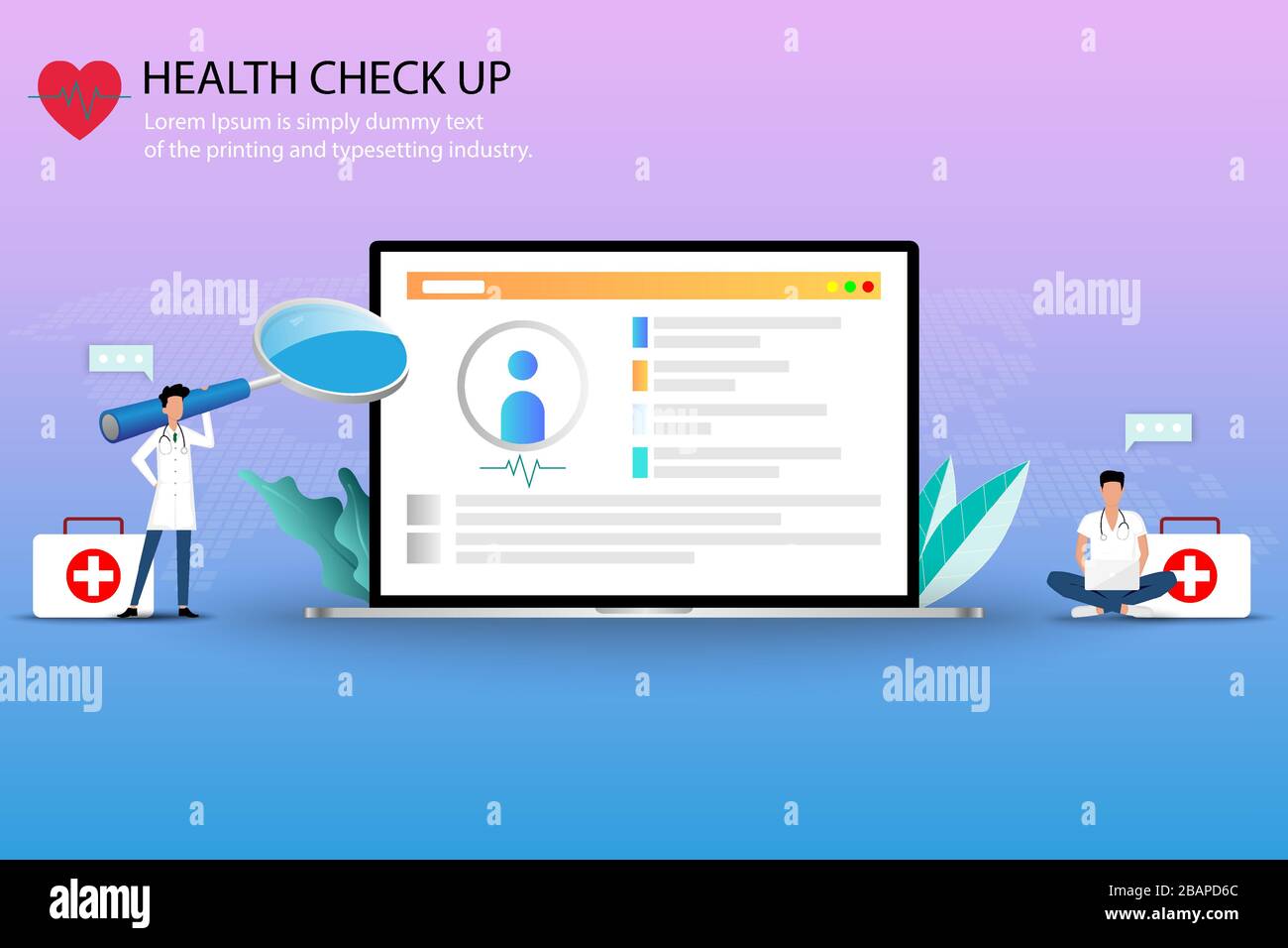 Concept de bilan de santé médical, deux médecins détiennent une grande loupe et travaillent sur un ordinateur portable près d'un grand ordinateur portable dans un fond de couleur pastel. Illustration de Vecteur