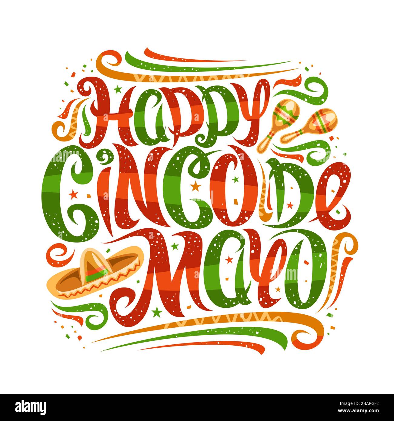 Carte de vœux vectorielle pour Cinco de Mayo, placarde décorative avec police calligraphique curly, dessin artistique florists et chapeau mexicain, lettres de pinceau nain f Illustration de Vecteur