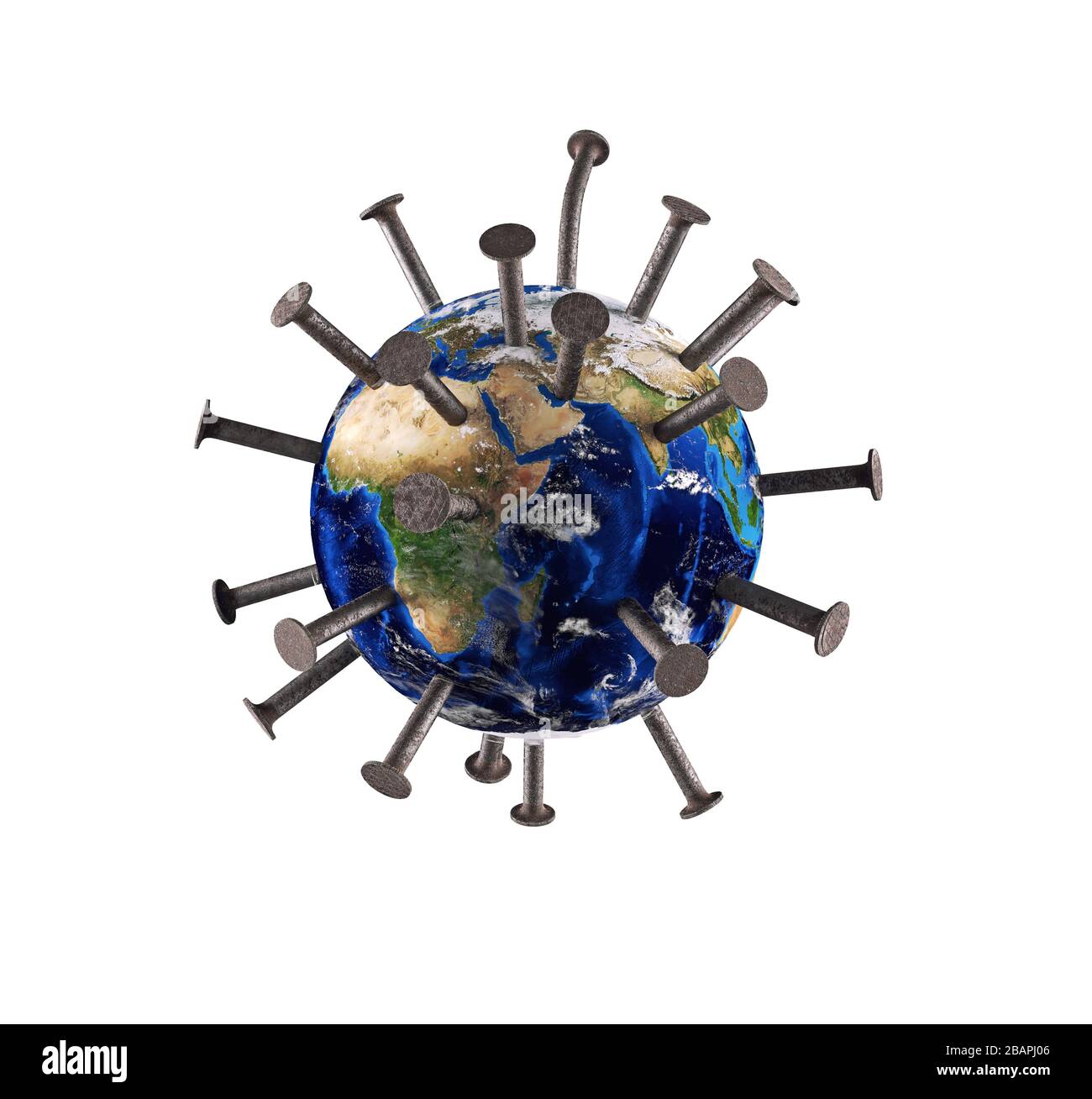 Symbole du virus COVID-19 comme planète terrestre détruite par les ongles. rendu de concept créatif en trois dimensions Banque D'Images