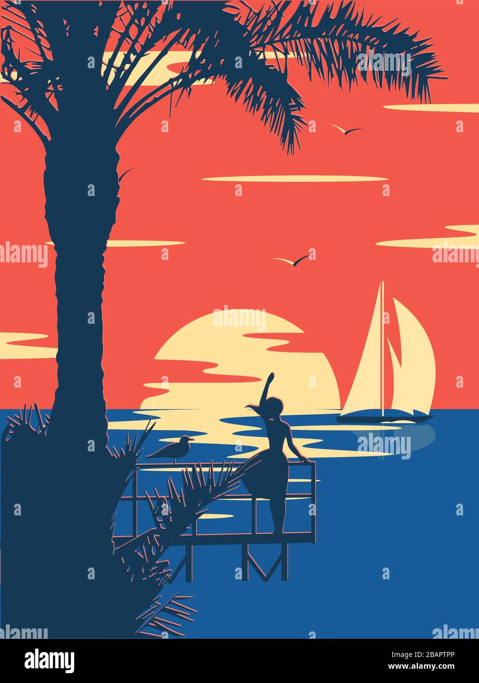 Coucher de soleil été plage tropicale avec palmiers et mer. Paysage naturel et paysage marin. Illustration de Vecteur