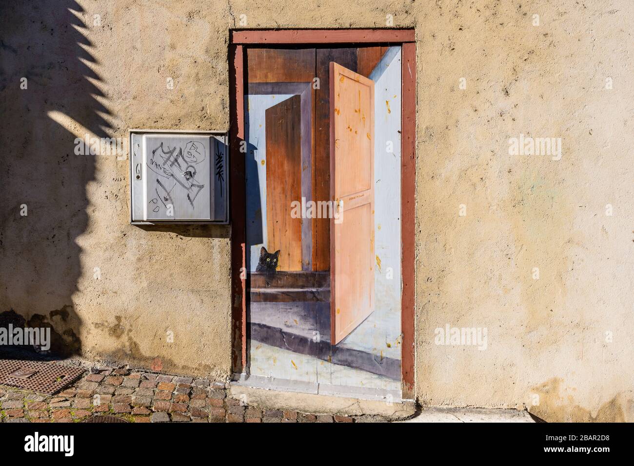 Annecy, haute-Savoie / France : une fresque d'un chat dans un cadre de porte encadré par un cadre de porte réel sur un mur de bâtiment dans la vieille ville (la Vieille ville). Banque D'Images